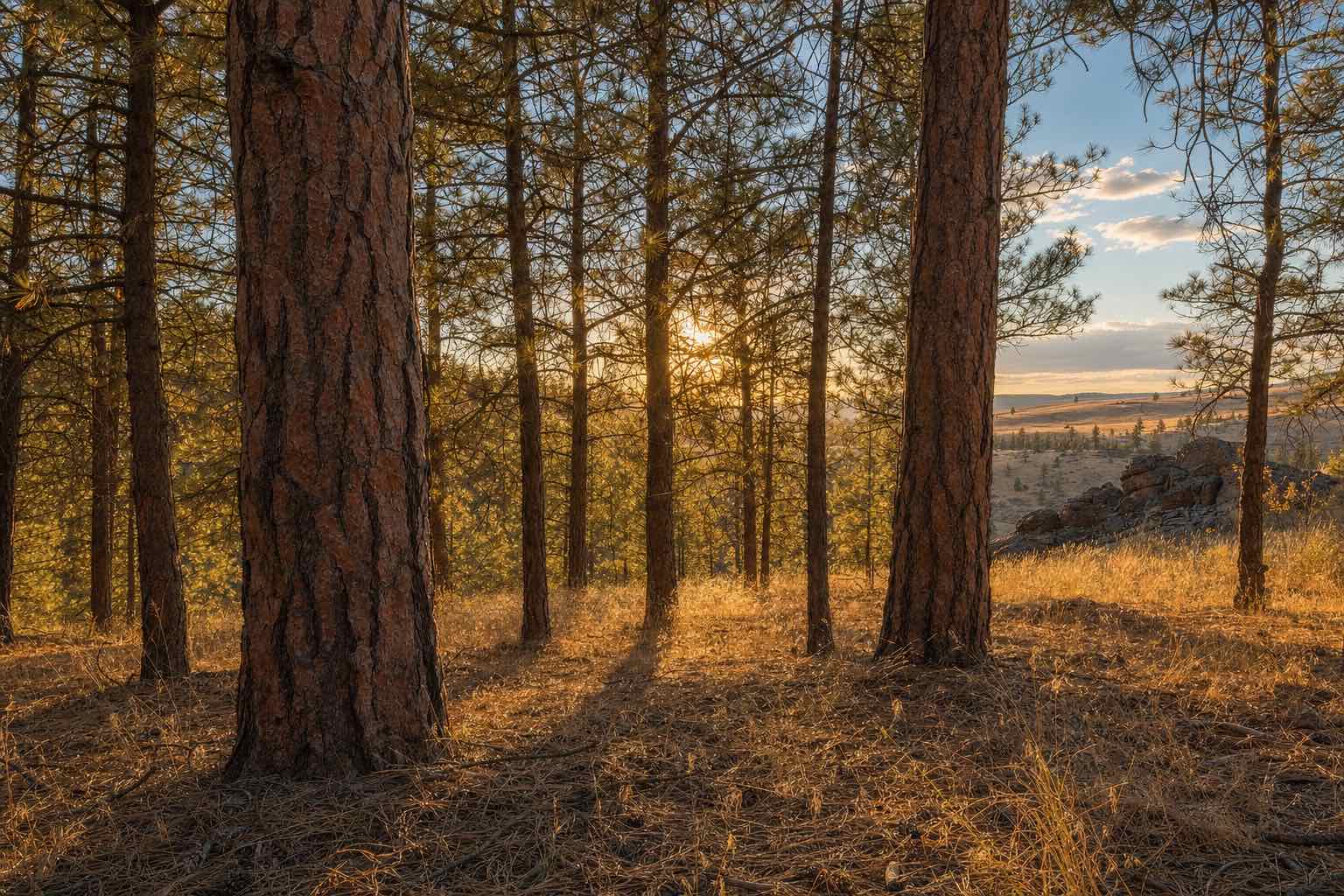 Ponderosa pine forest and basalt outcrops near Deer Park, Washington at golden hour
