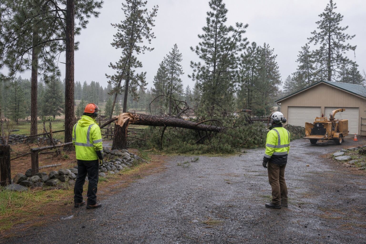 Tree crew assessing a storm-snapped ponderosa blocking a rural driveway near Deer Park