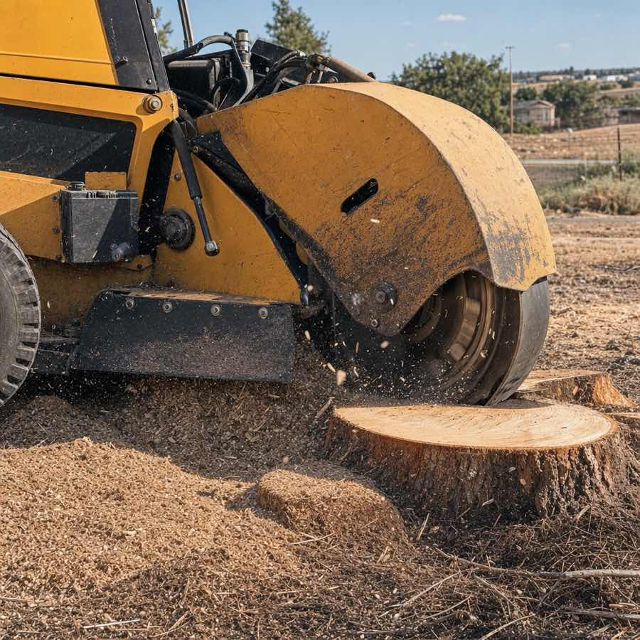 Stump grinder chewing through a freshly cut ponderosa stump