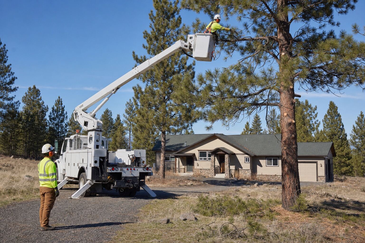 Arborist pruning a ponderosa pine from a stabilized aerial lift near Deer Park